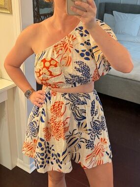 FARM Rio One-Shoulder Floral Mini Dress in White, Blue & Orange